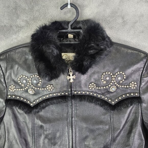 Womens Cripple Creek Studded Black Leather Jacket with Faux Fur Full Zip Size L - Picture 2 of 12